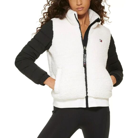 Tommy Hilfiger Sport Women Sz XL Black/White Full Zip Cropped Fleece Jacket - Picture 8 of 8